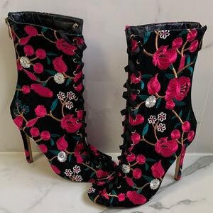 Liliana Floral Lace-Up Stiletto Bootie - Black & Fuchsia